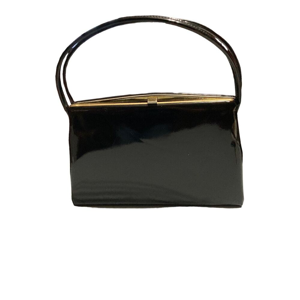 Vintage Dover Black‎ Faux Parent Leather Gold Clasp Handbag Purse Made In USA